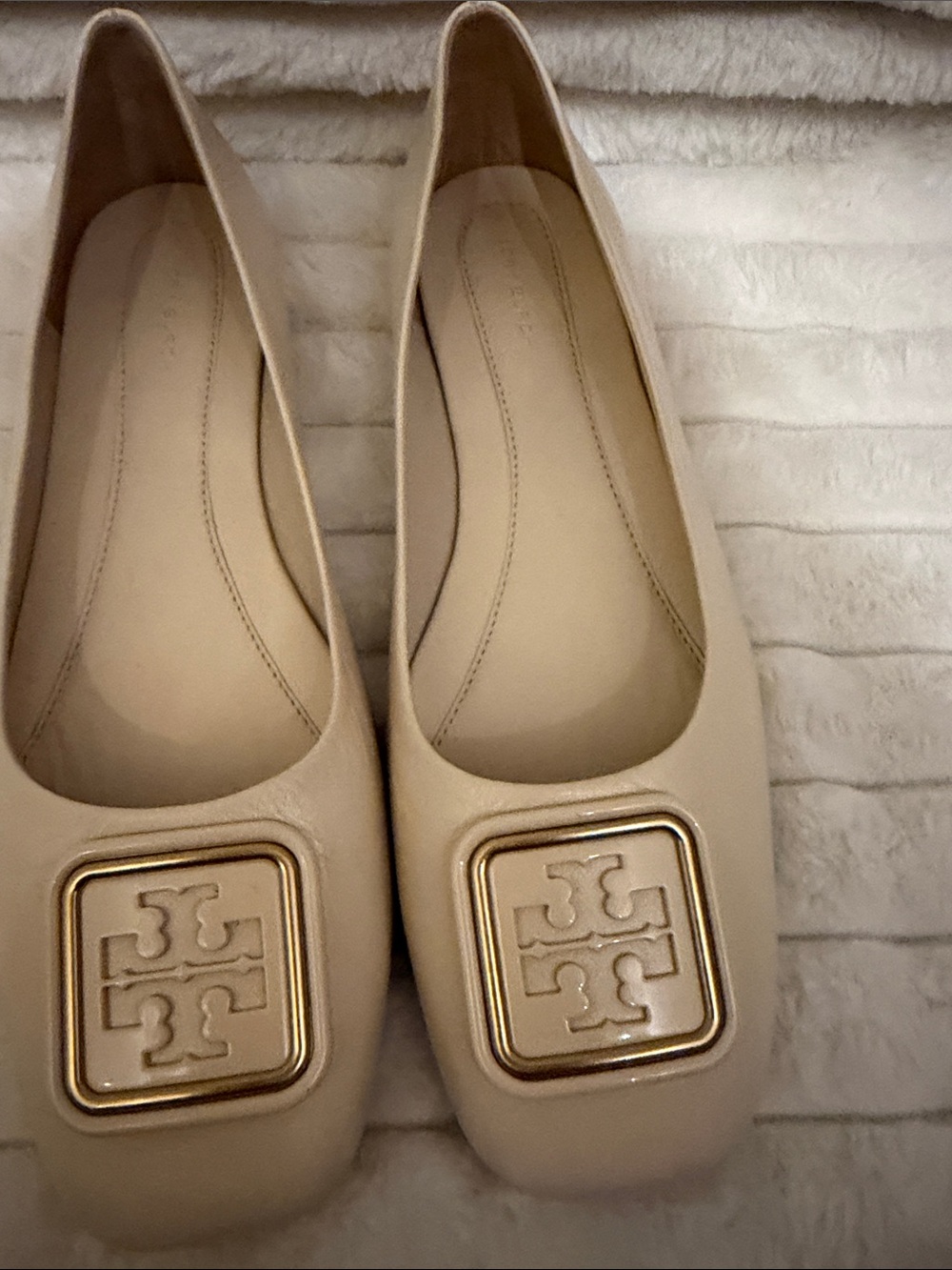 Tory Burch Cream Leather Logo Square-Toe Flats